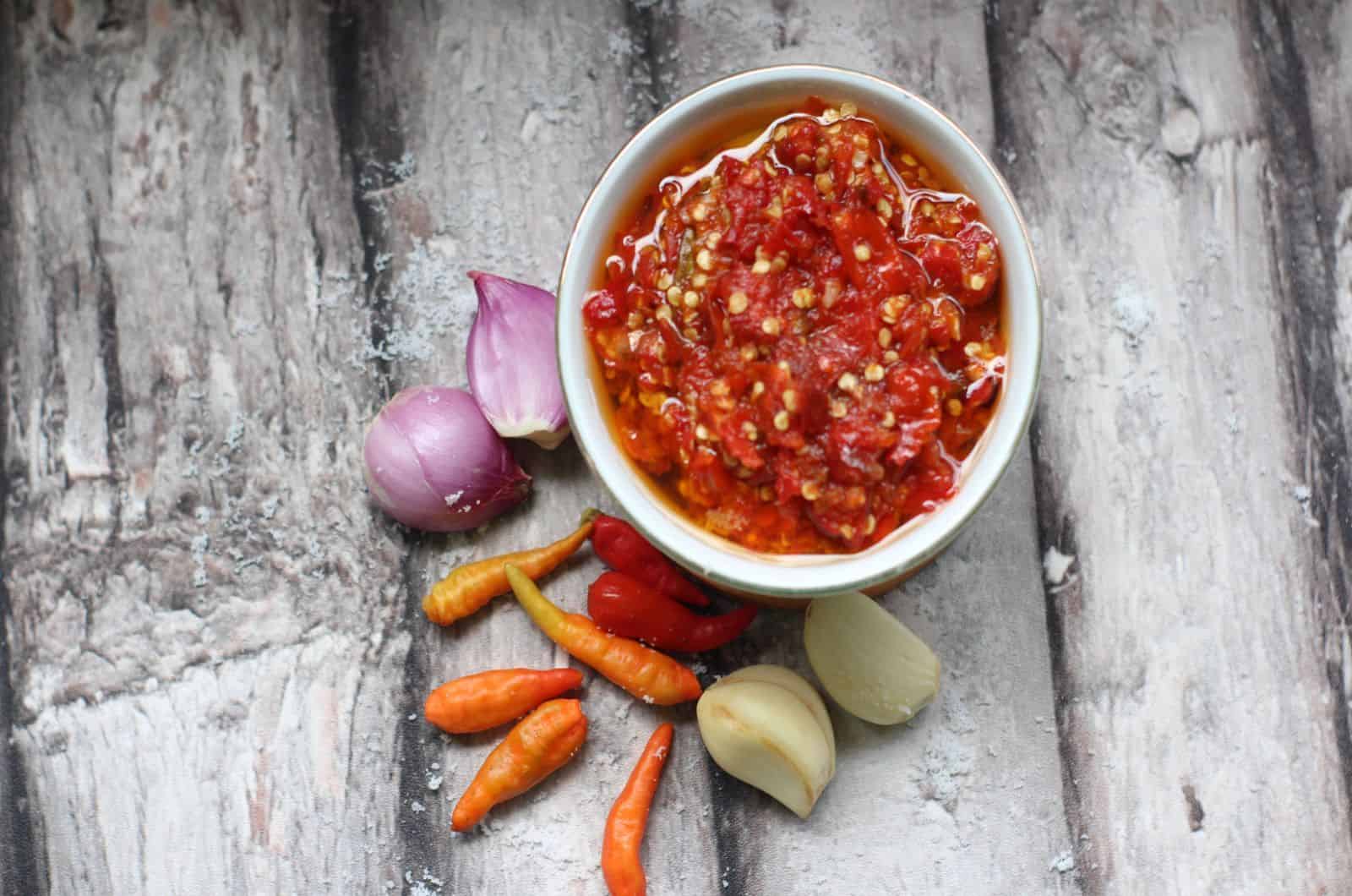 Chili-garlic paste in a bowl on the table