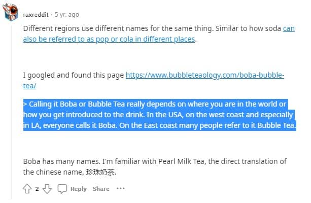 Reddit screenshot referring to bubble tea