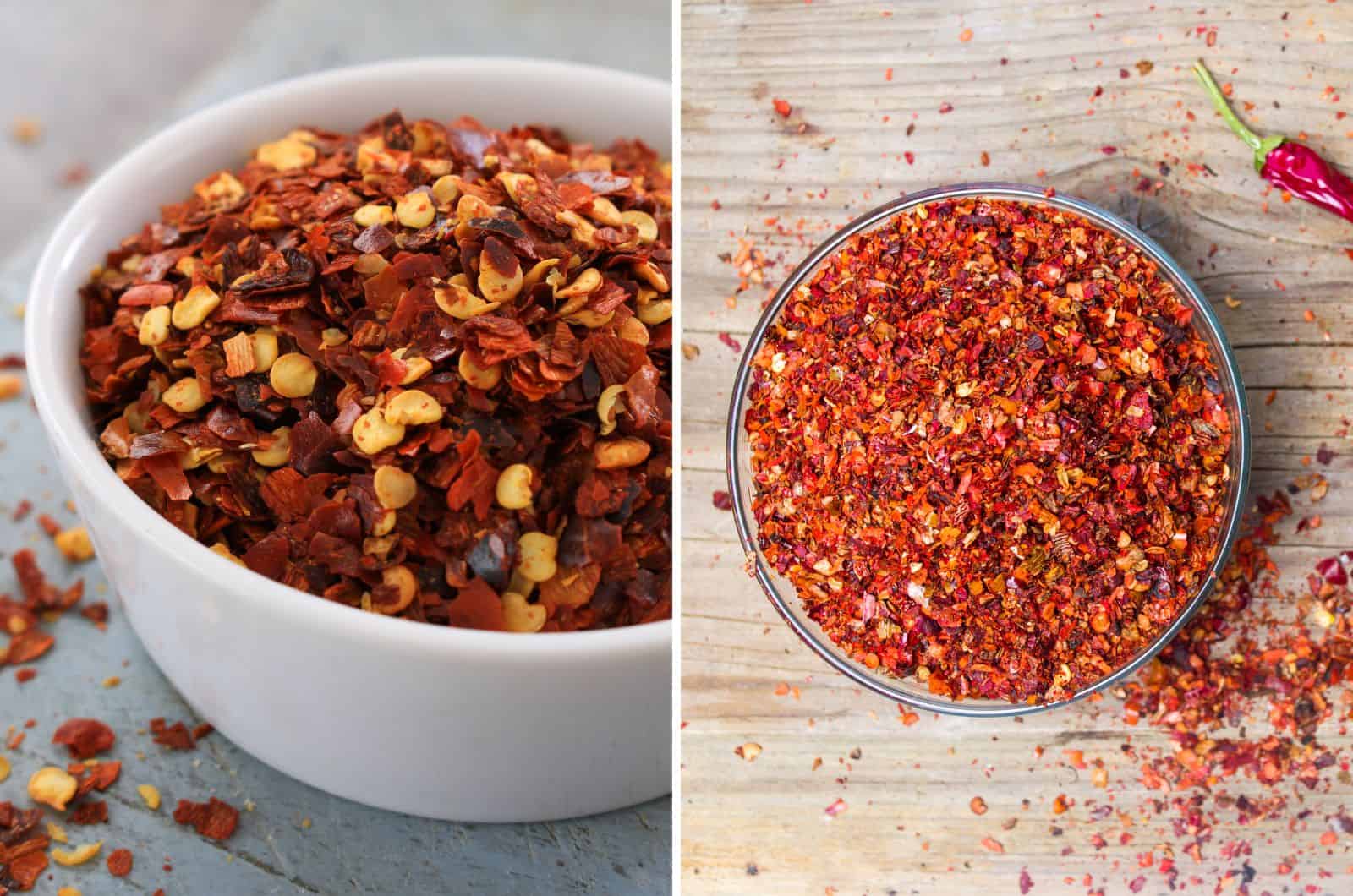 Chili Flakes and Red Pepper Flakes side by side