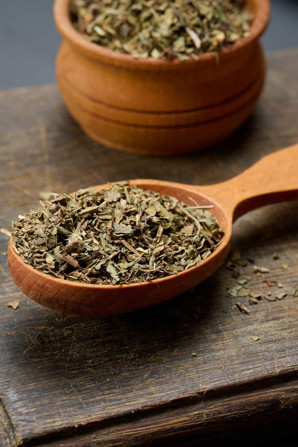 Dry basil in a wooden spoon on the table, seasoning