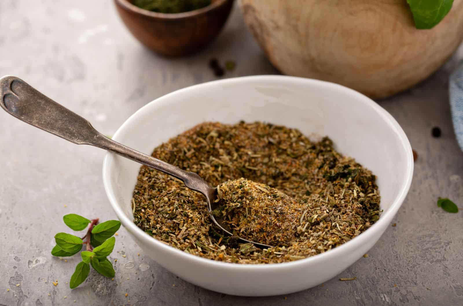 Homemade greek seasoning mix of dried herbs and spices