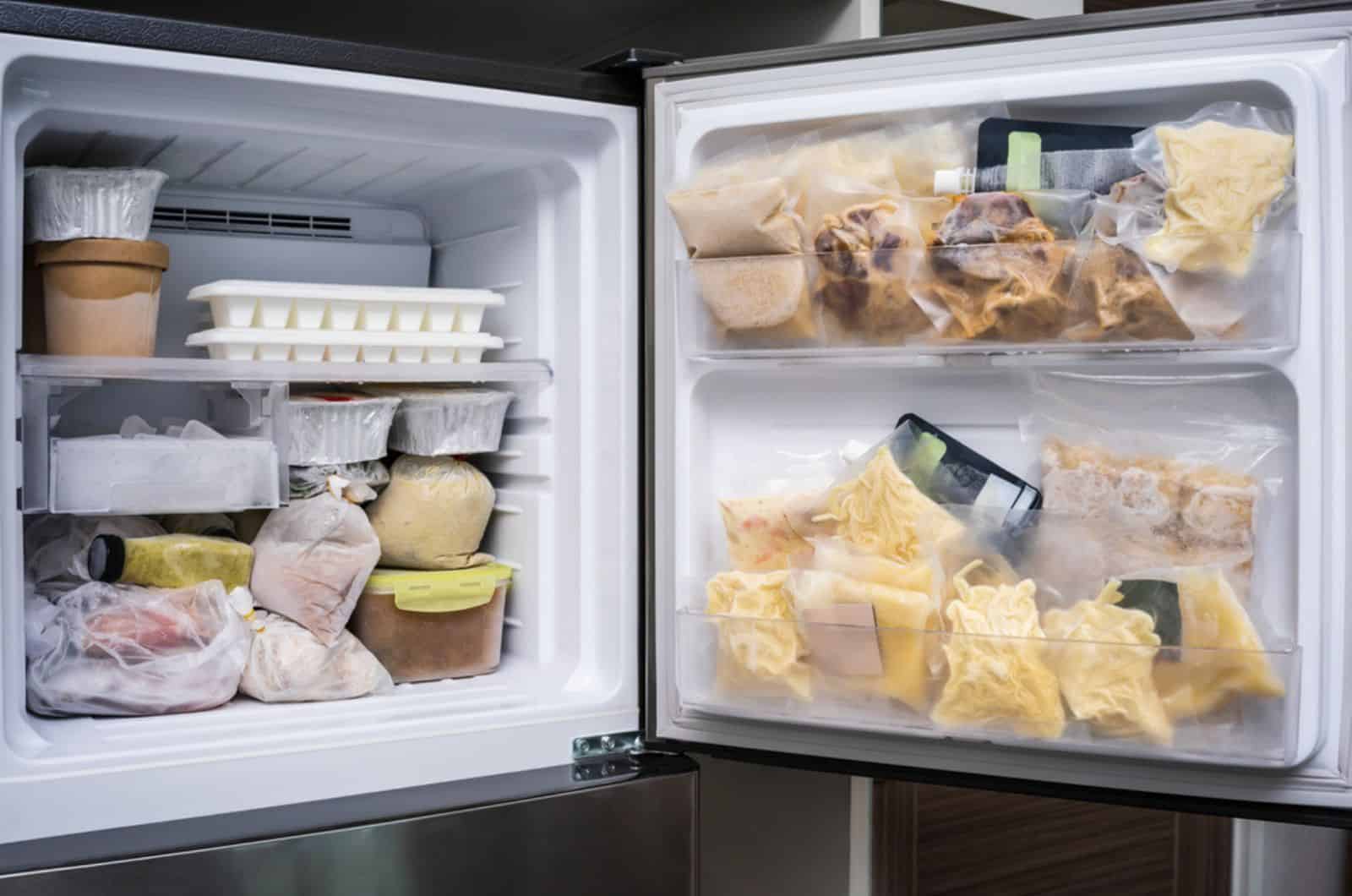 freezer of modern frigerator full with frozen food products