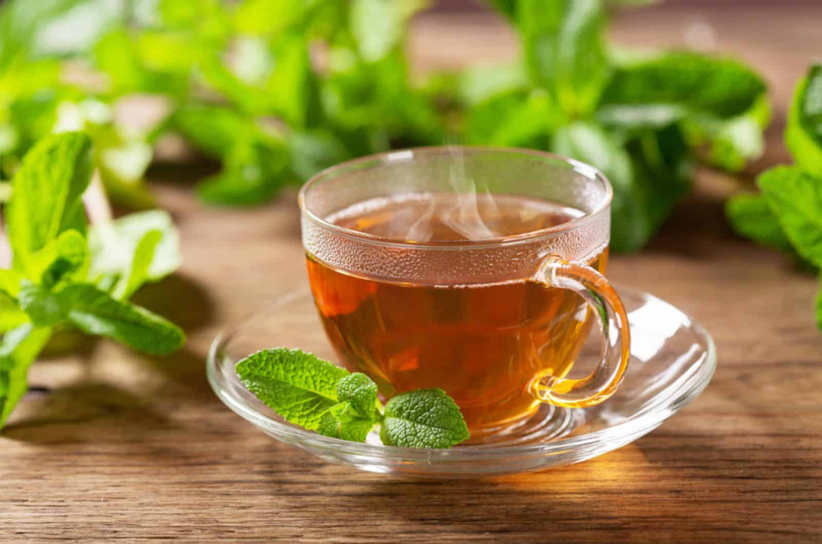 taza de té caliente con menta sobre mesa de madera