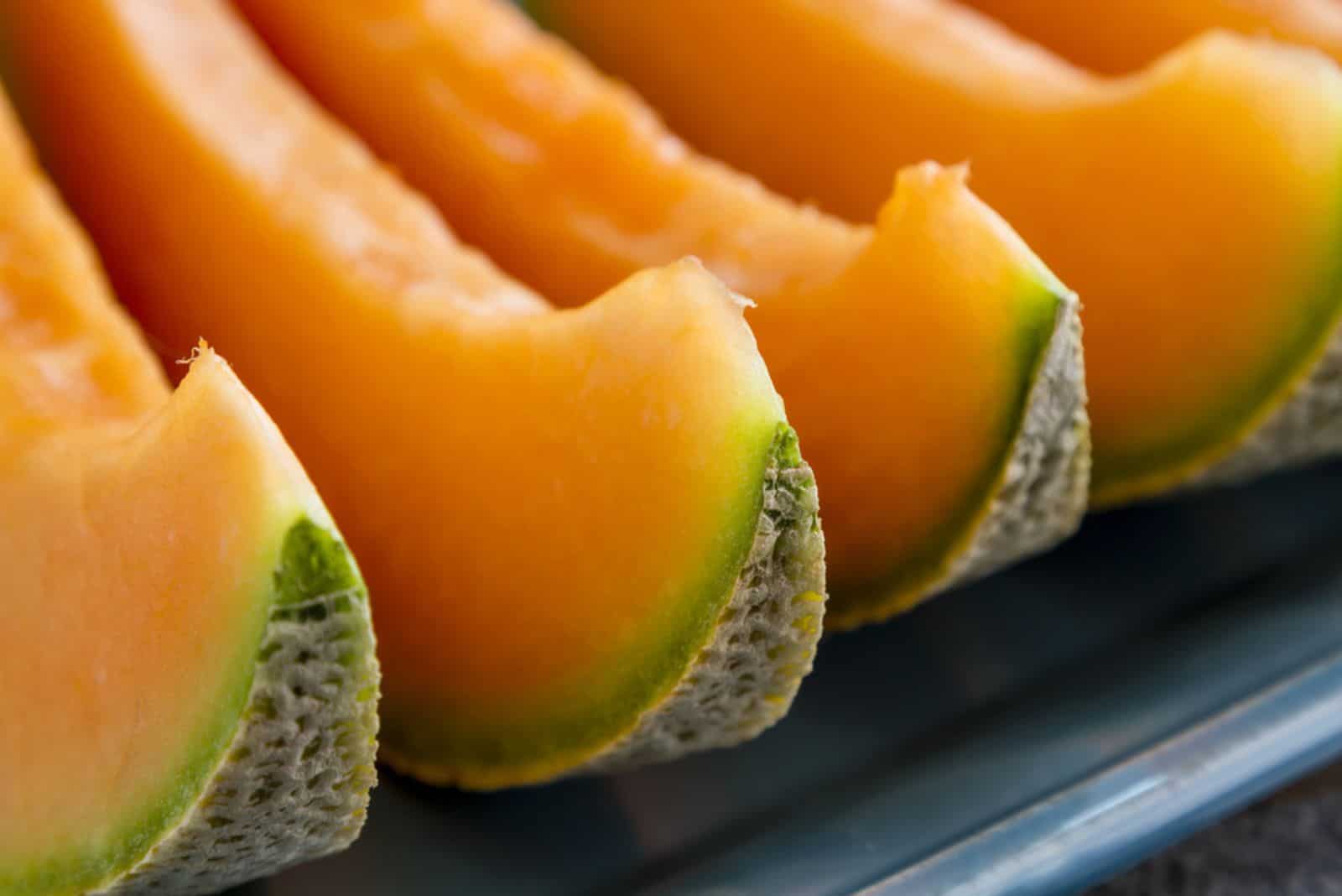 Fette di melone di cantalupo disposte in fila su un piatto blu