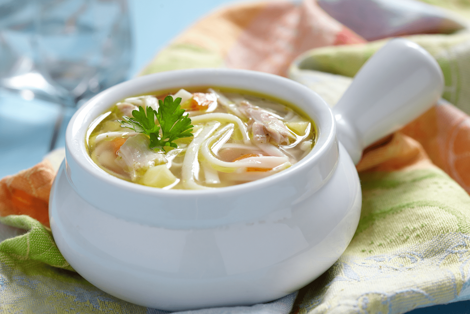 Sopa de pollo con fideos en un bol blanco