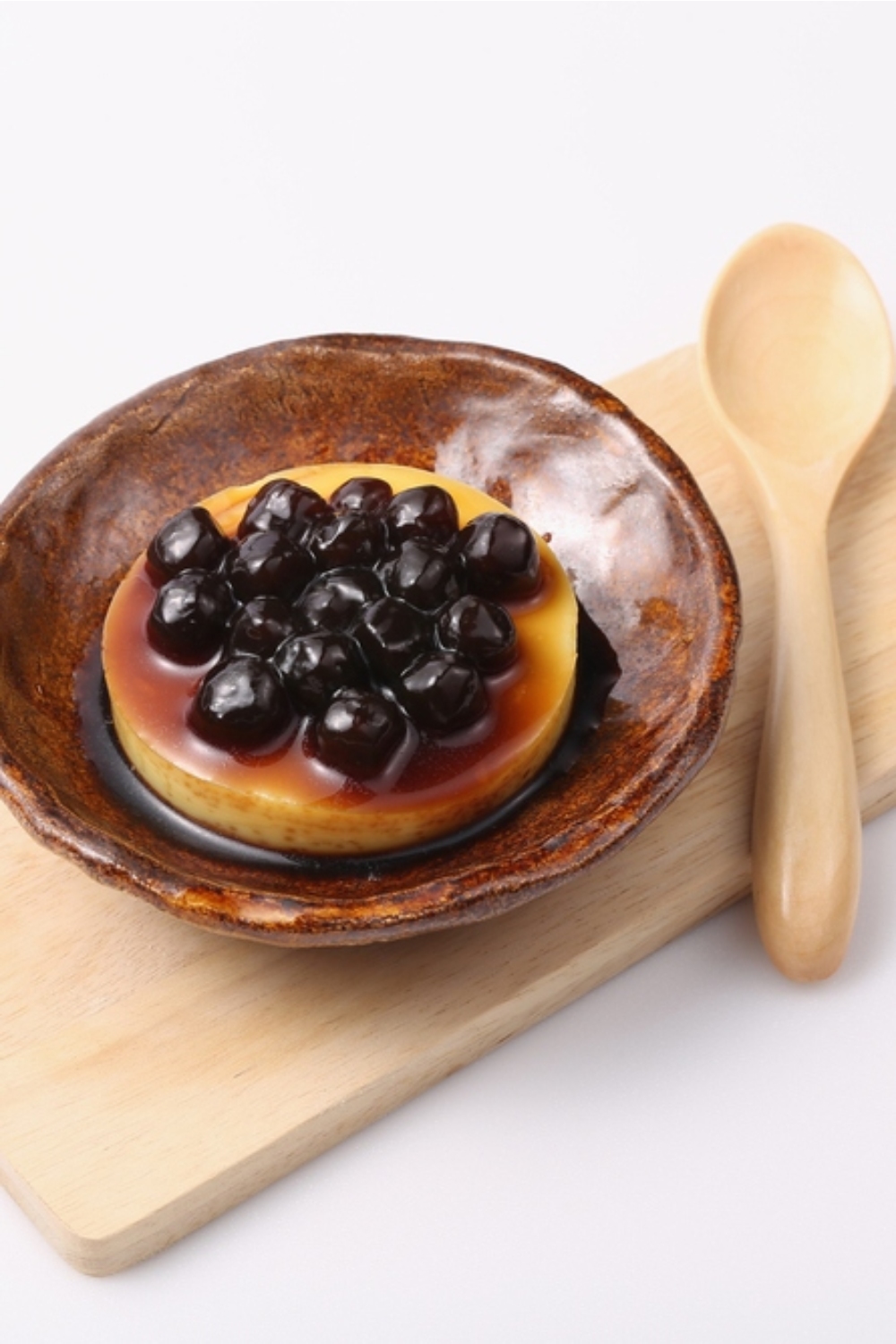 Egg Pudding Boba in a brown bowl