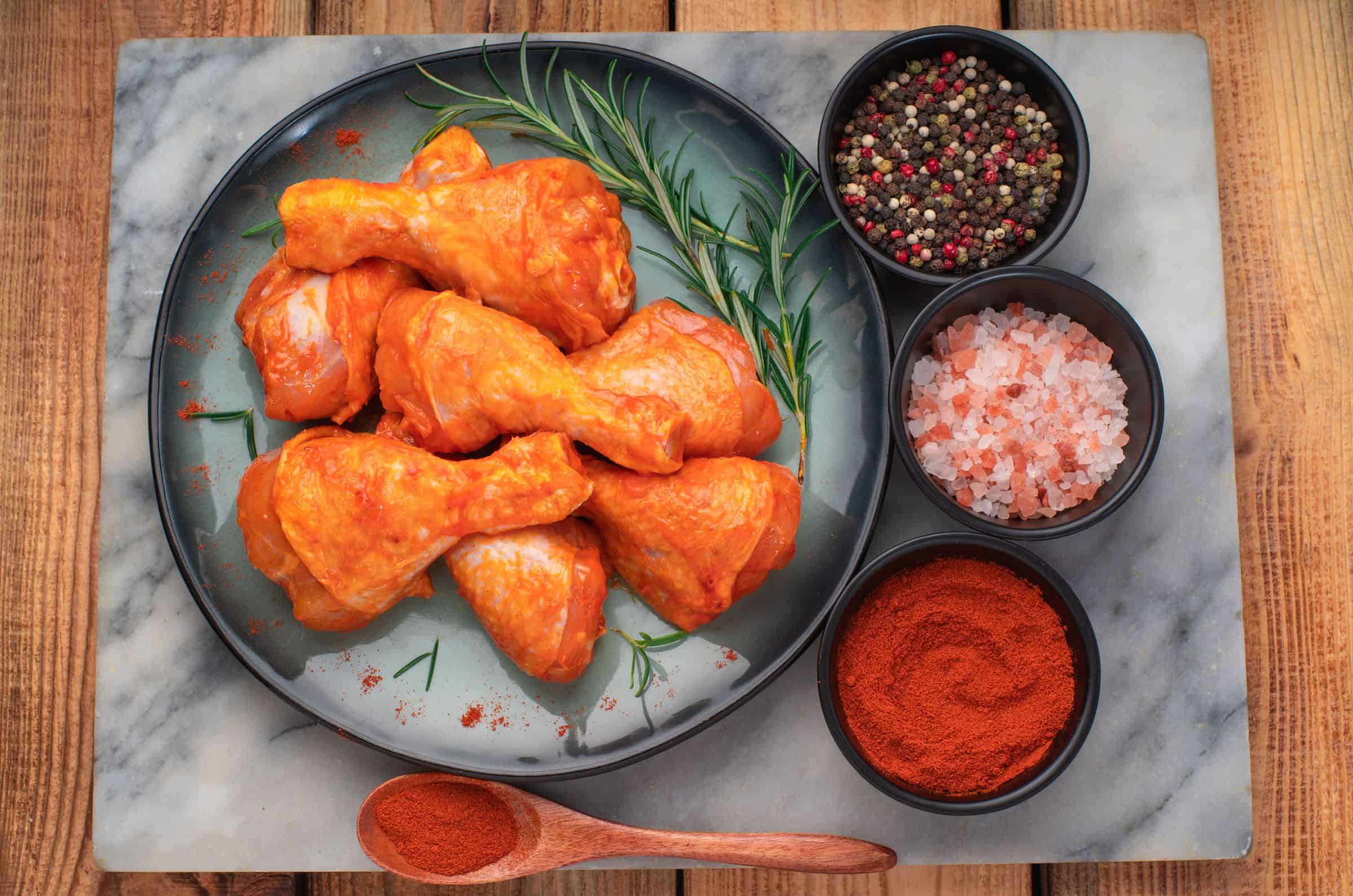 Poulet mariné dans un bol et épices sur la table