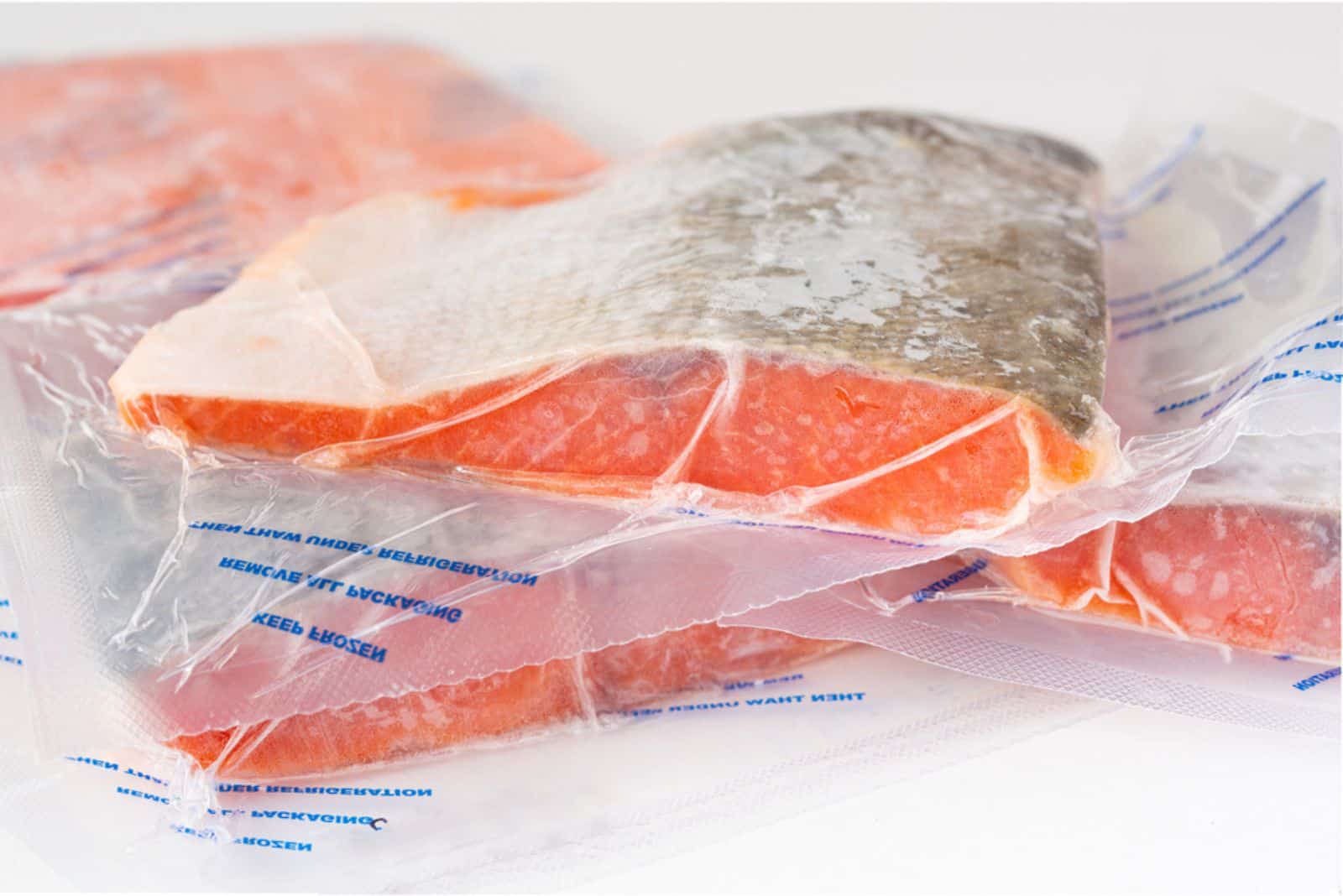 Packs of wild Alaskan frozen sockeye salmon wrapped in plastic