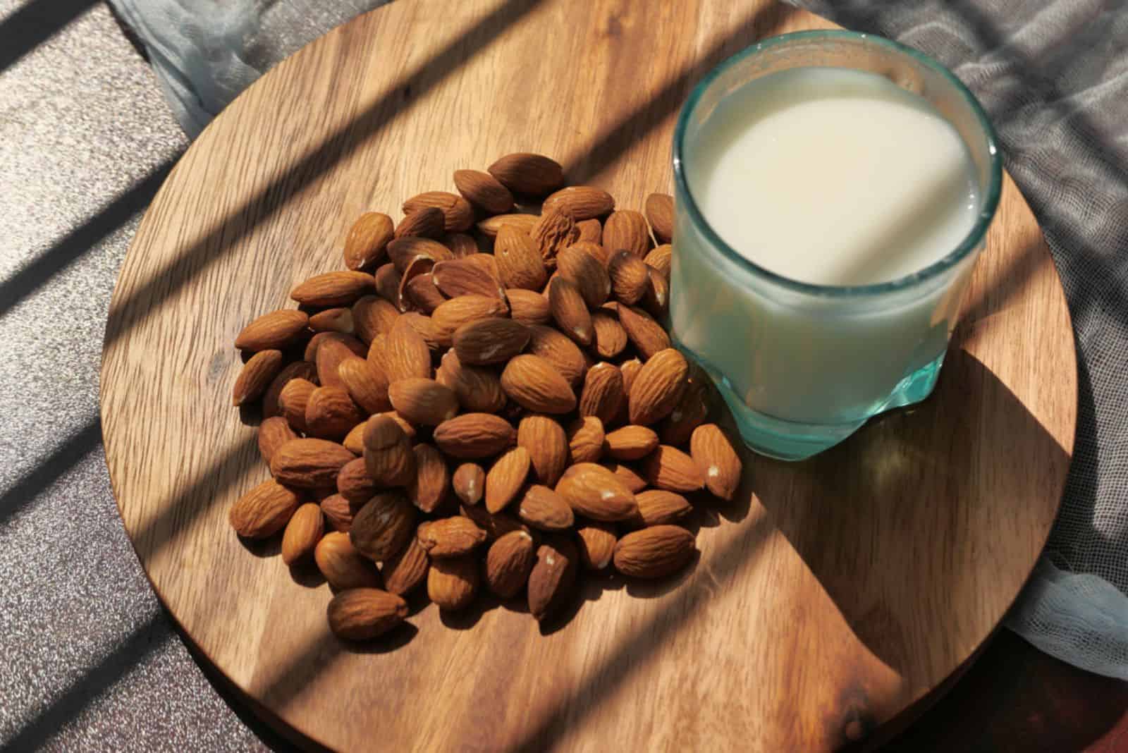 fresh glass of milk and almond on table at morning
