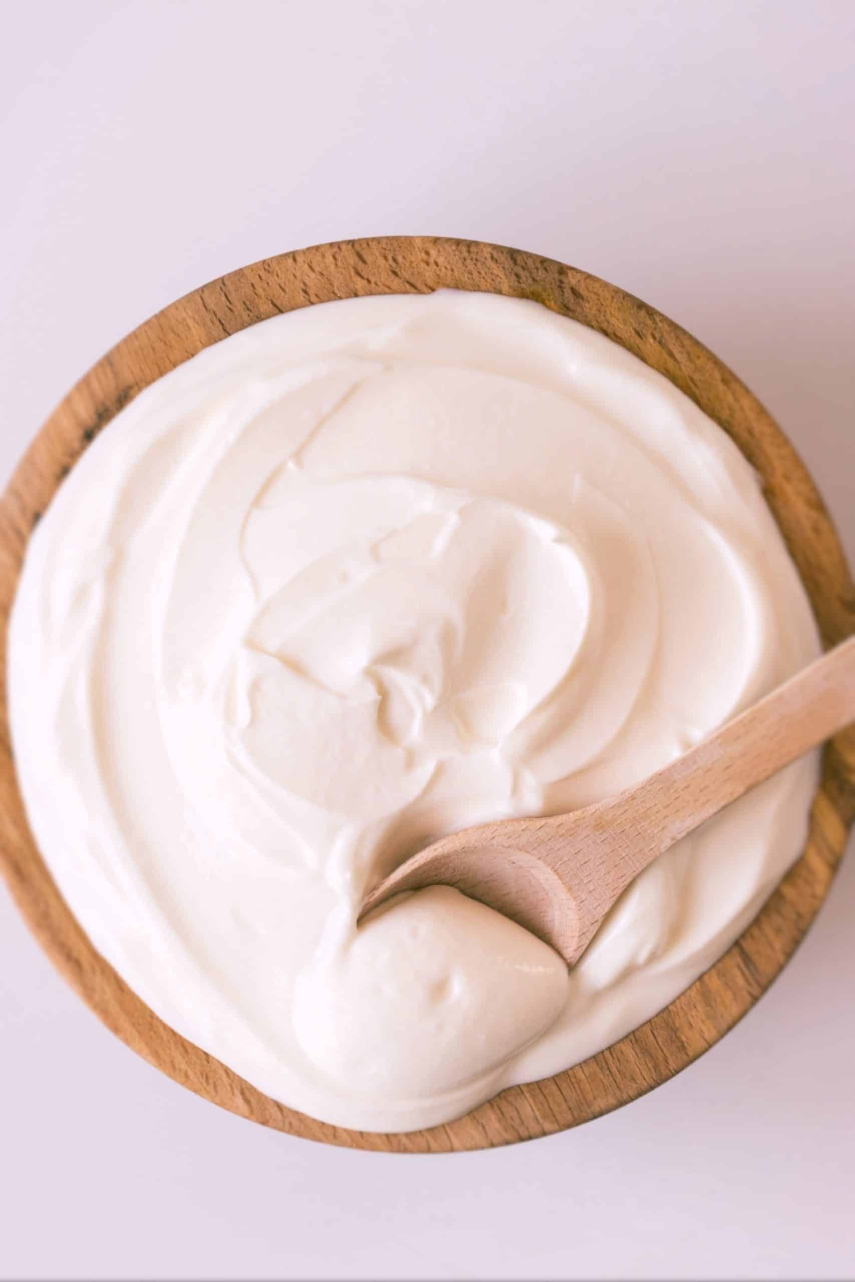 Greek Yogurt in wooden bowl
