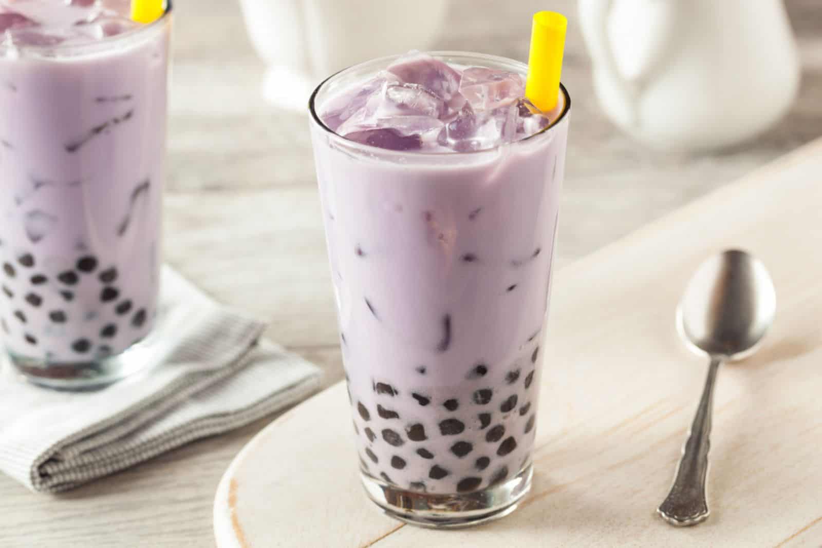 Homemade Taro Milk Bubble Tea with Tapioca Pearls
