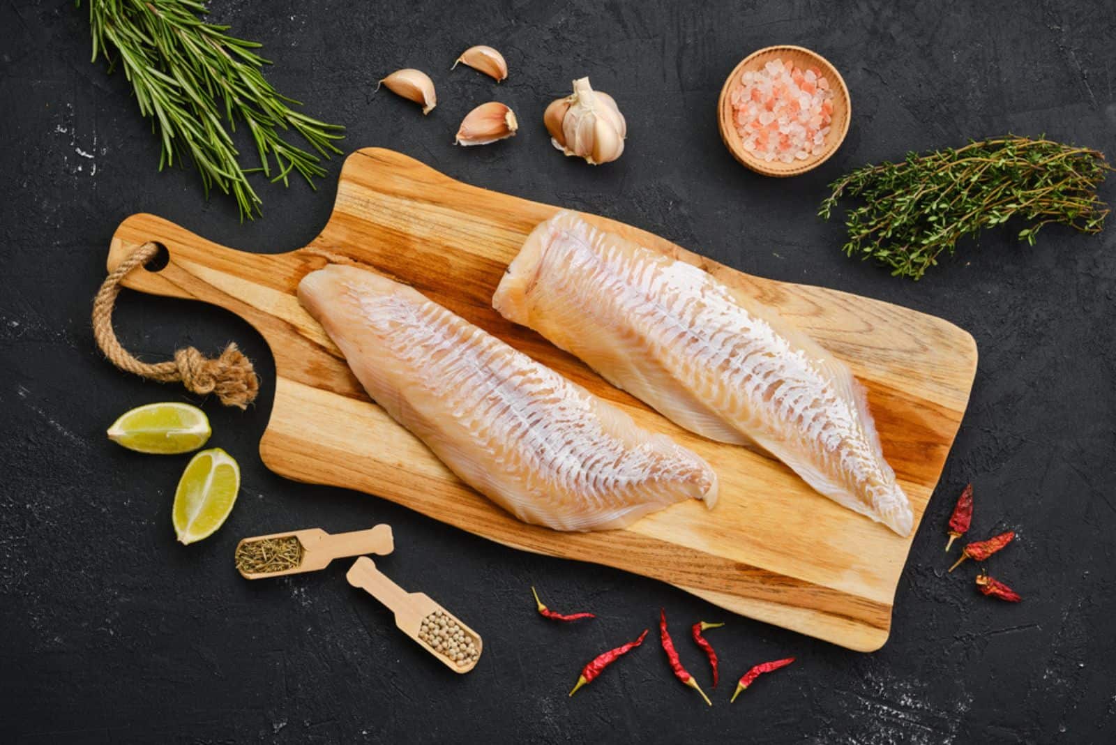 Top view of haddock fillet with seasoning on wooden cutting board
