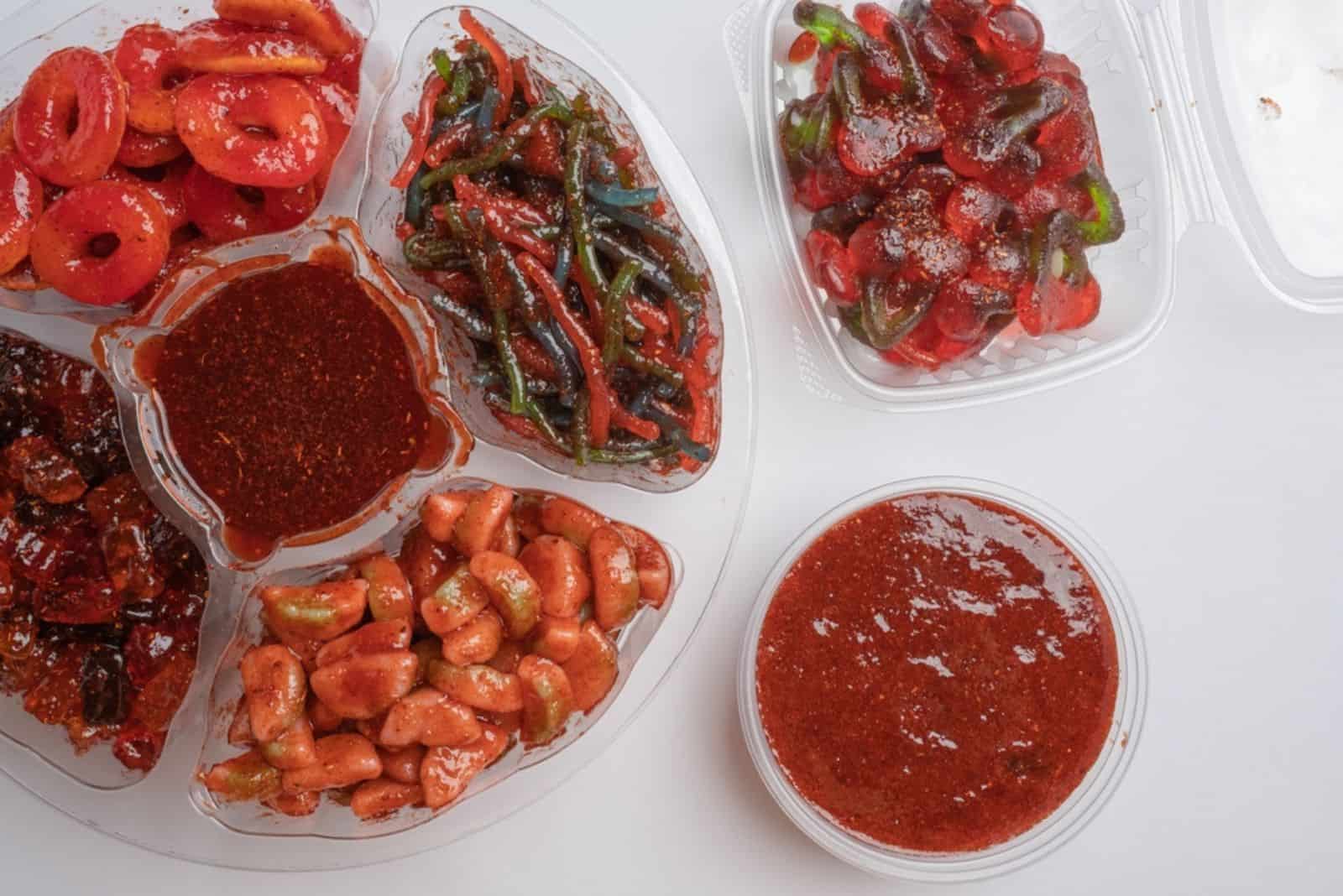 Tray of assortment Mexican chamoy candy
