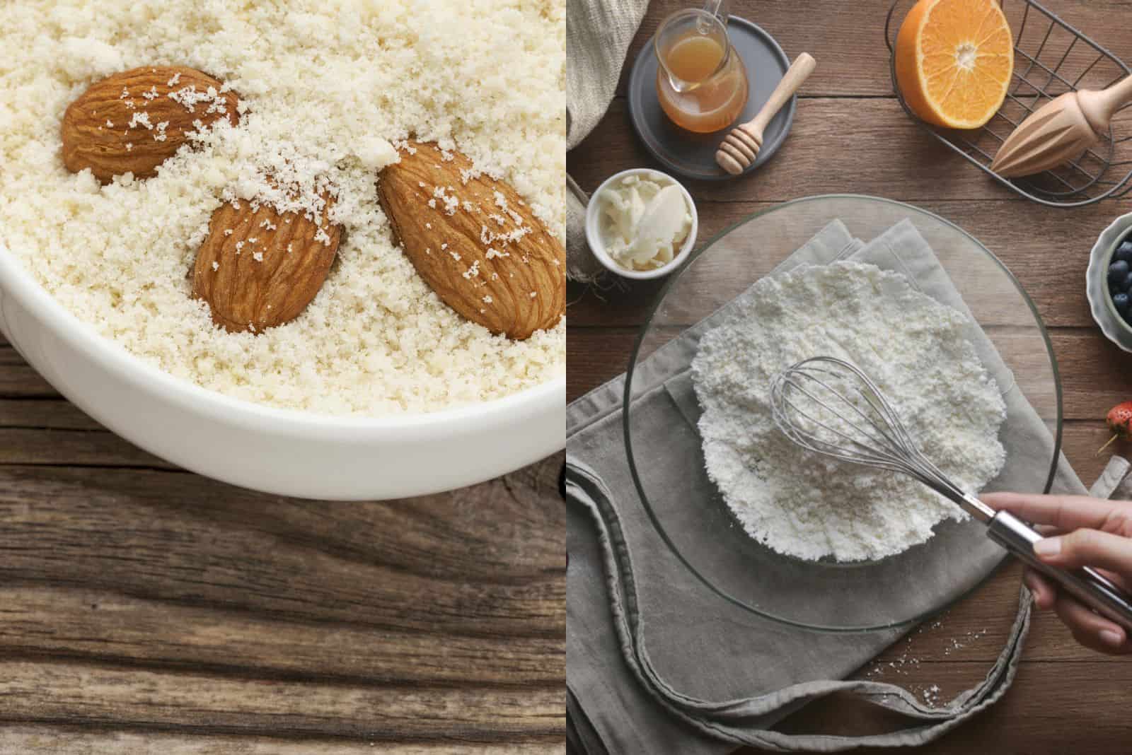 almond flour in a white bowl and plain flour