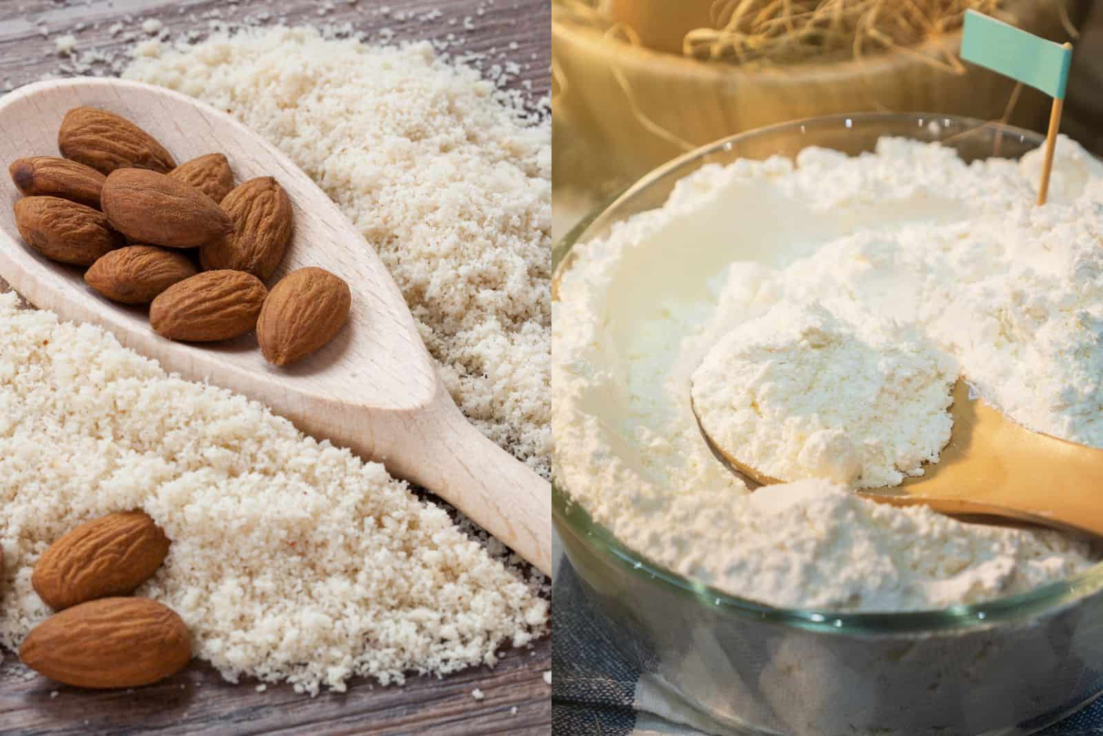 almond flour on the table and plain flour in a bowl