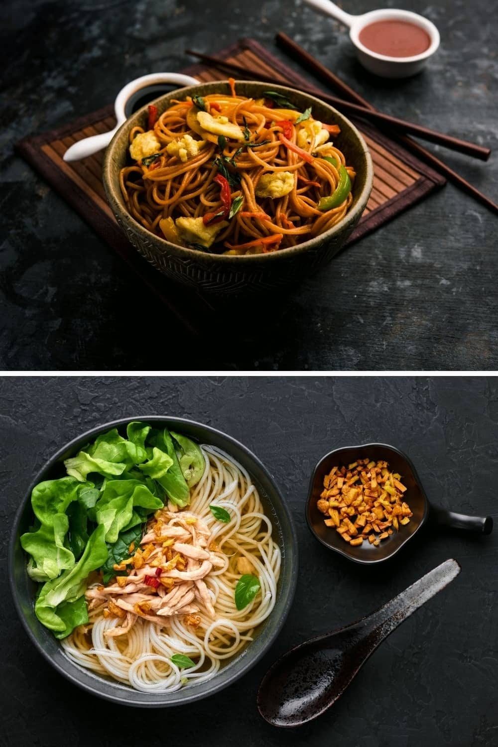 Egg Noodle and Rice Noodle in bowls on table
