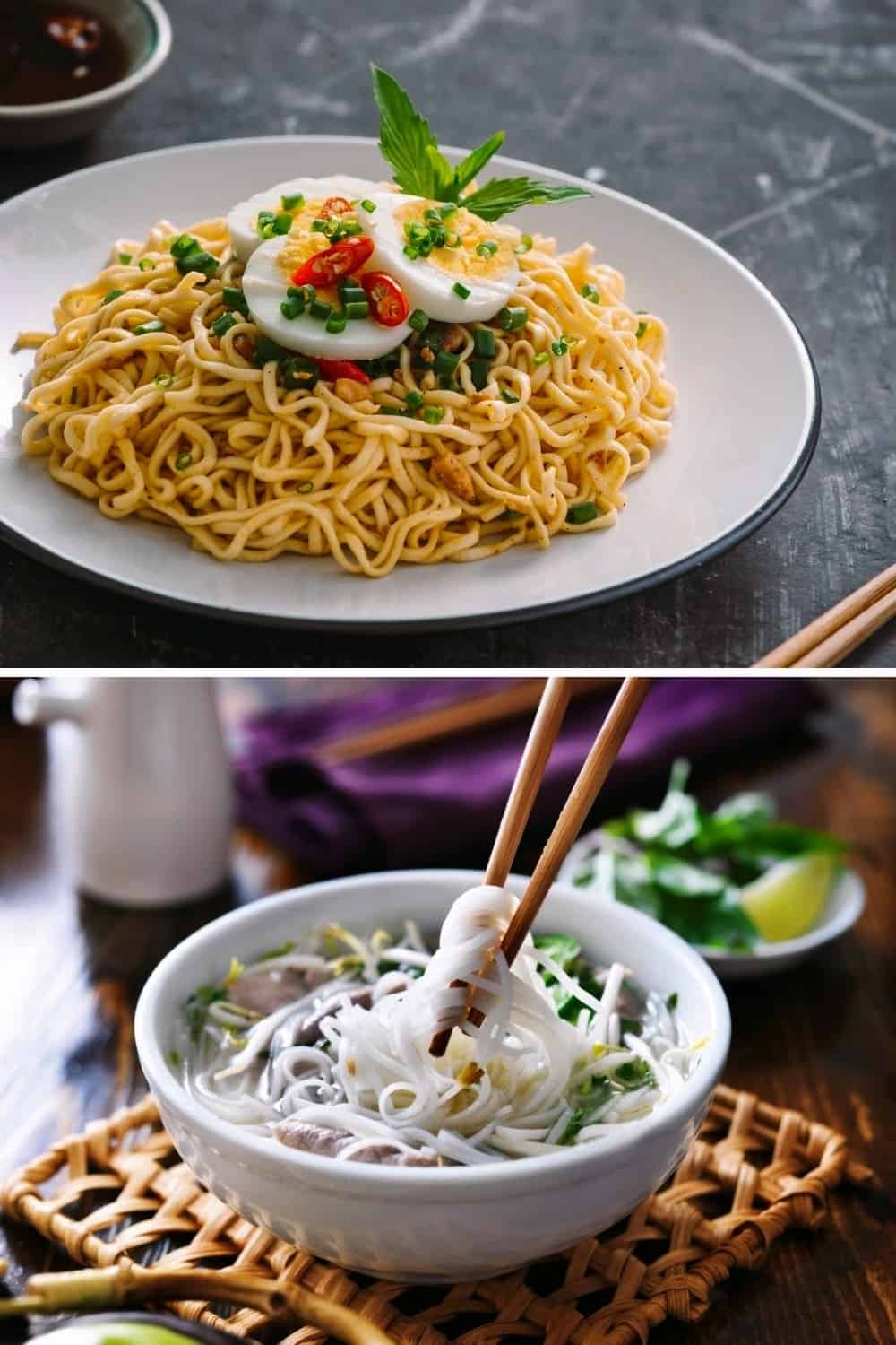 Egg Noodle and Rice Noodle in bowls