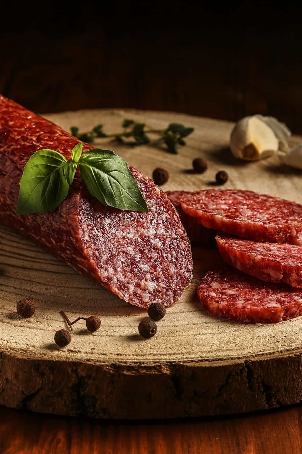 plano aproximado de salame numa tábua de cortar