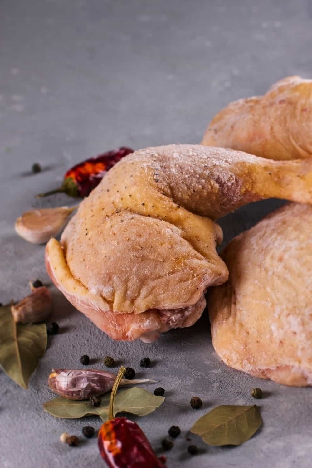 frozen chicken on table with spices