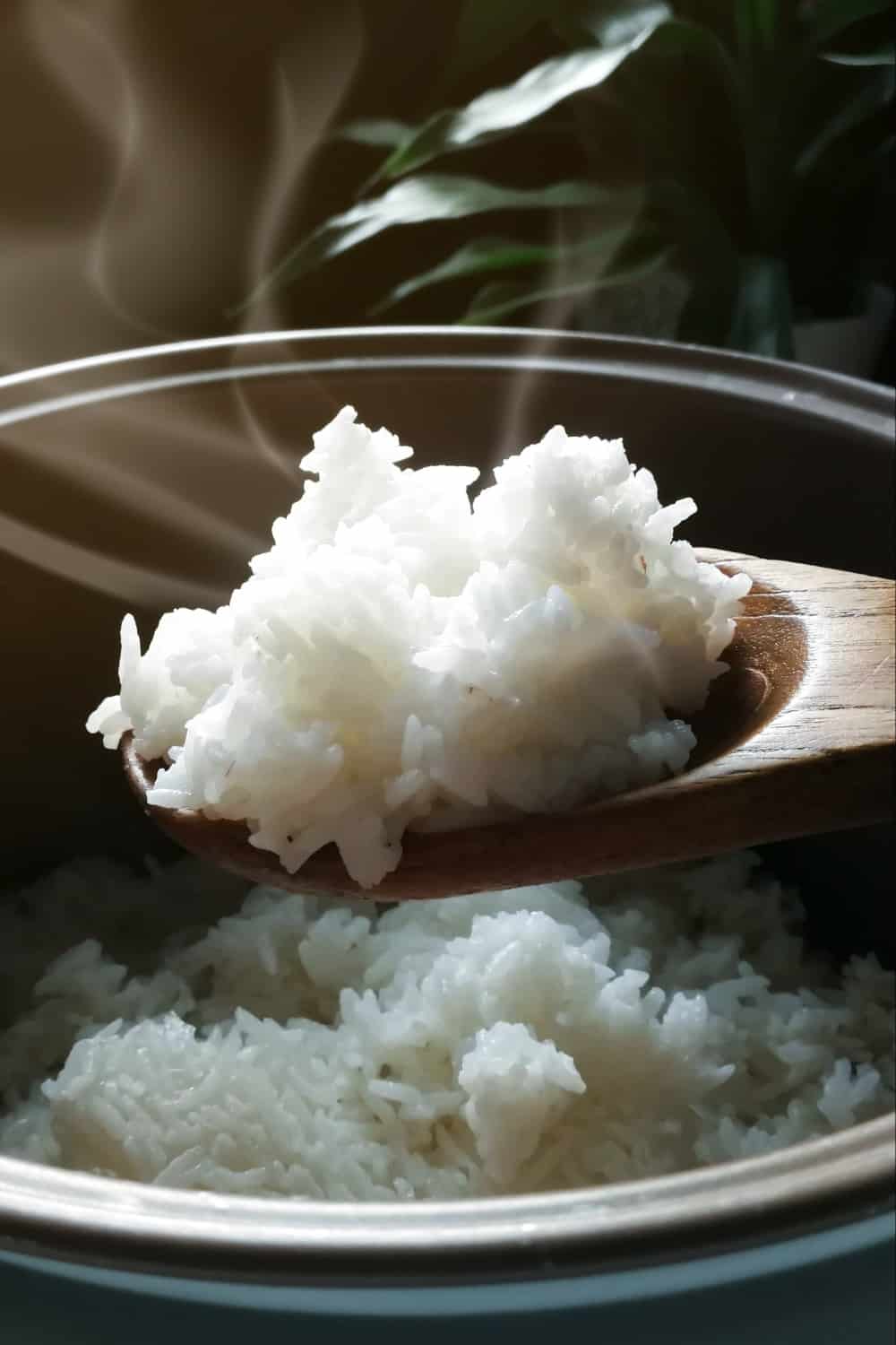 cuchara llena de arroz caliente