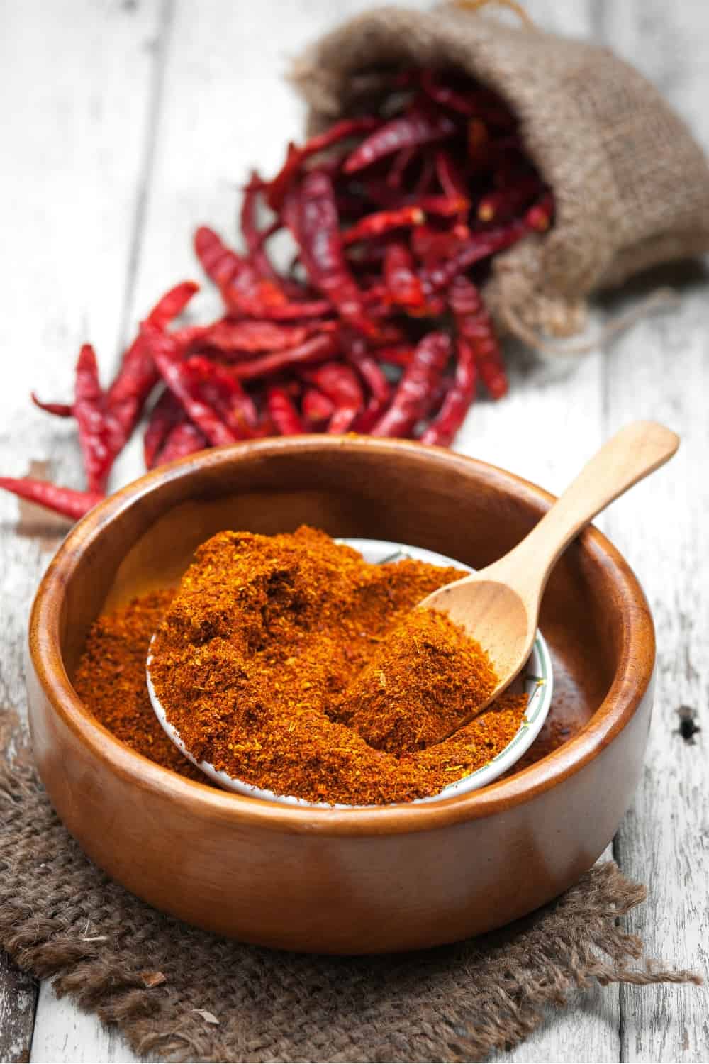 Cayenne chili powder in a wooden bowl and a spoon