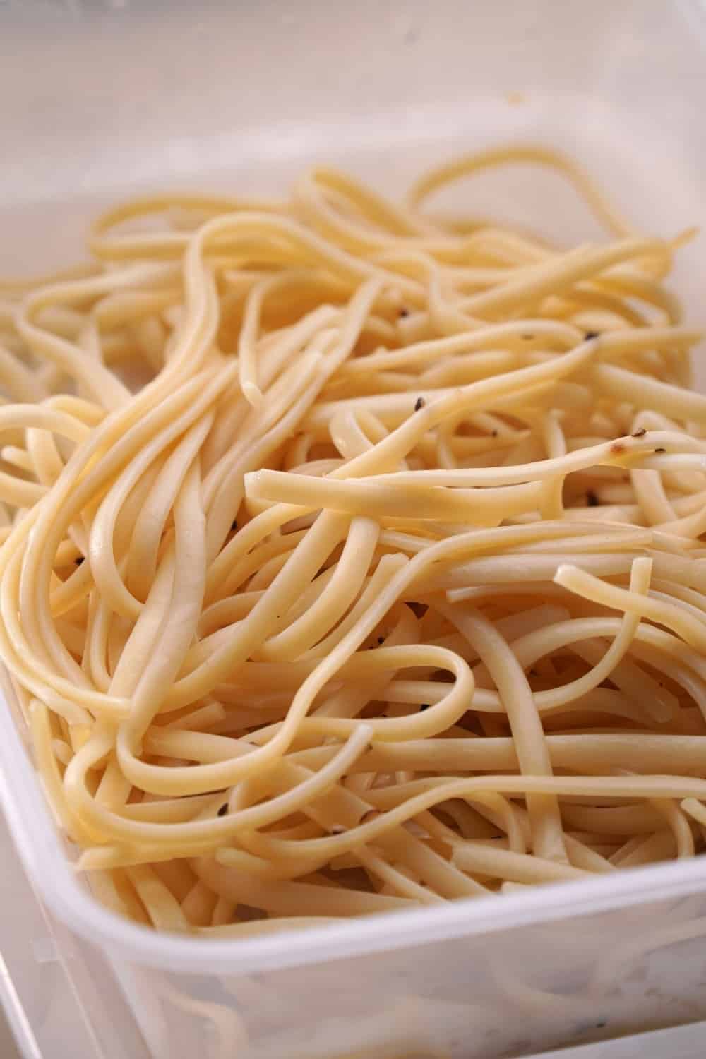 cooked spaghetti in a plastic container
