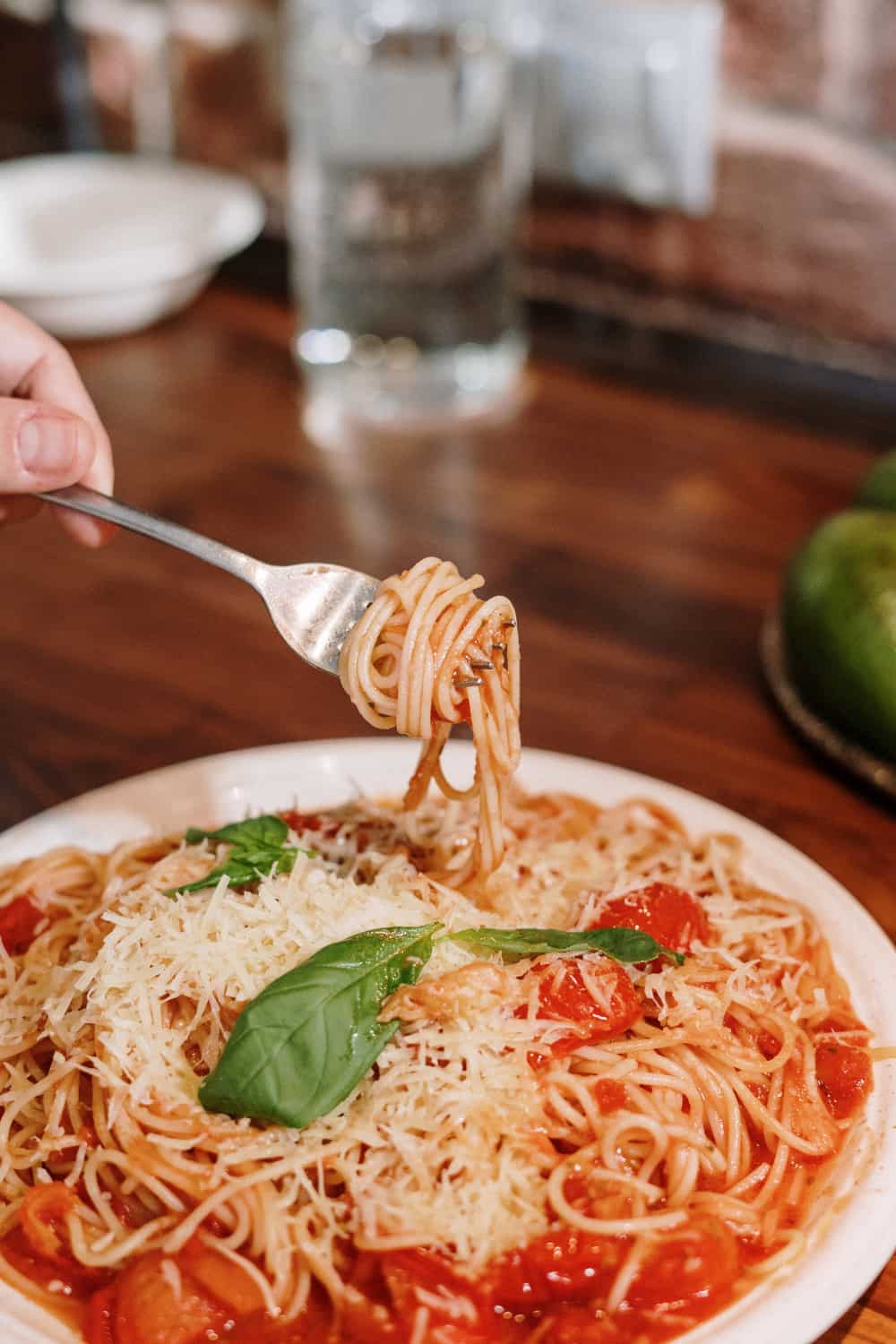 hand holding spaghetti with a fork