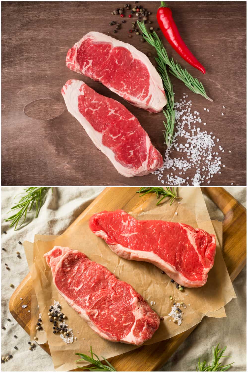 comparação entre bife de tira de Nova Iorque e bife do lombo