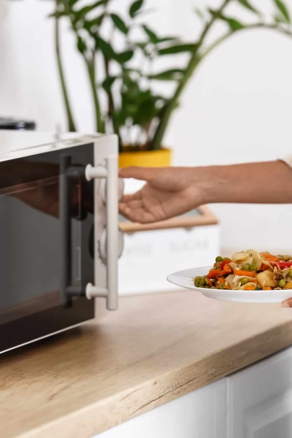 woman putting in dish in white Microwave