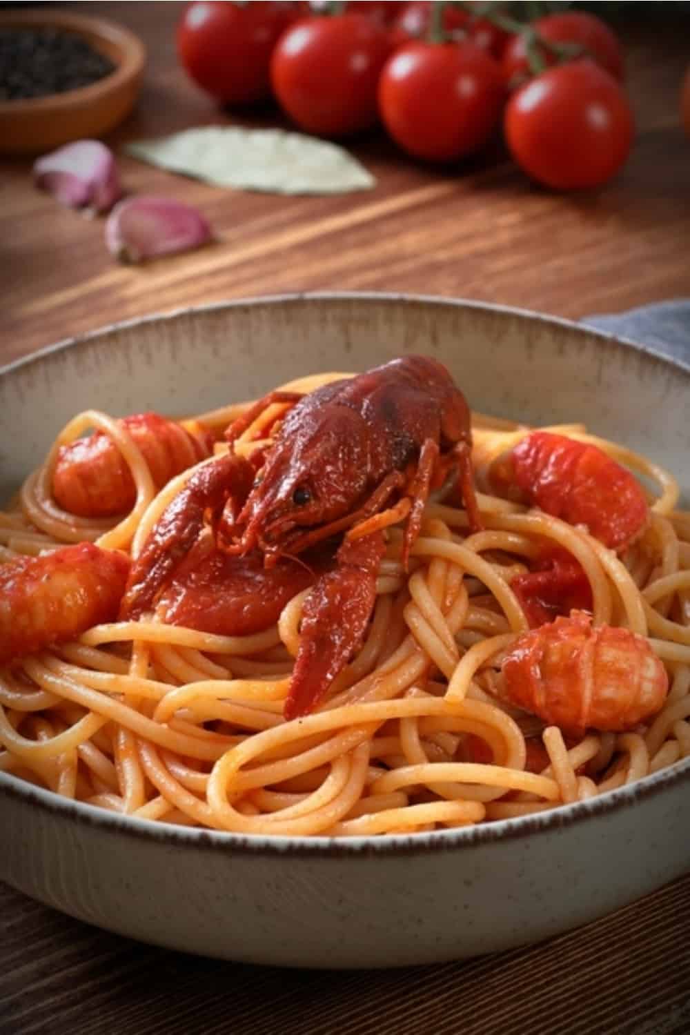 delicious crawfish with spaghetti on the plate