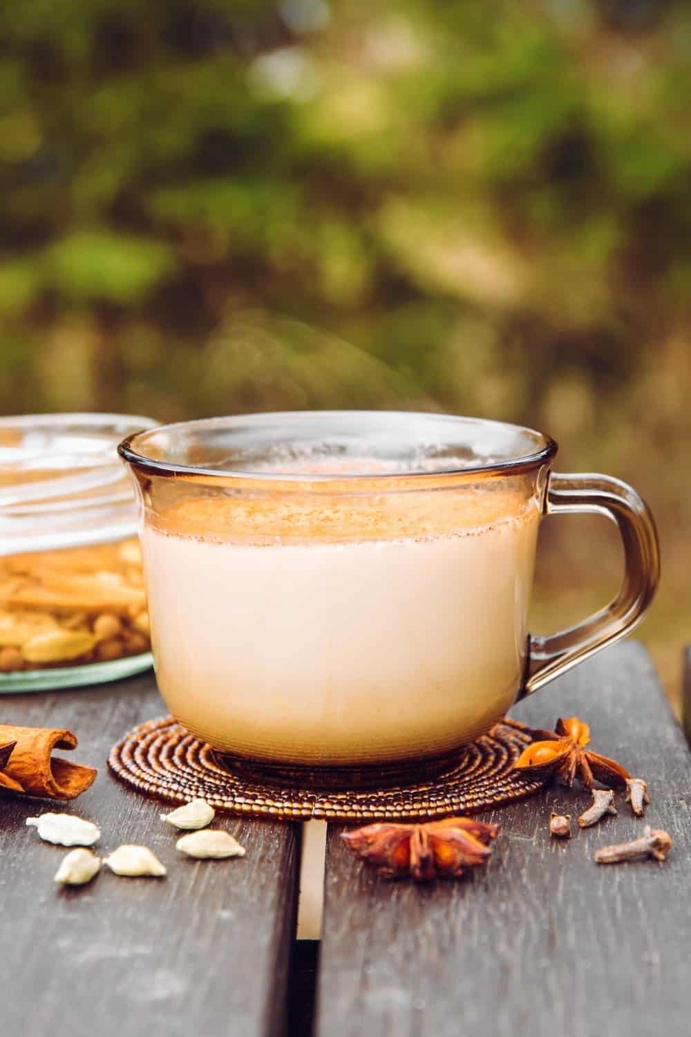 Bere Chai latte al concetto di picnic all'aperto