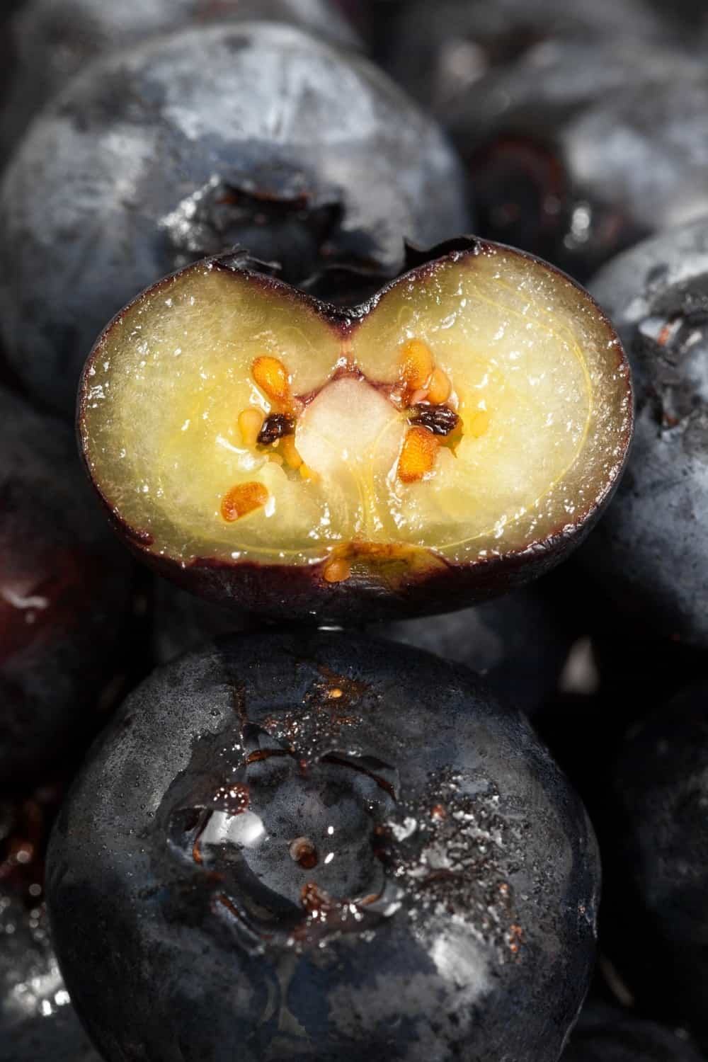 Stack of blueberries with one sliced through the center to show seeds