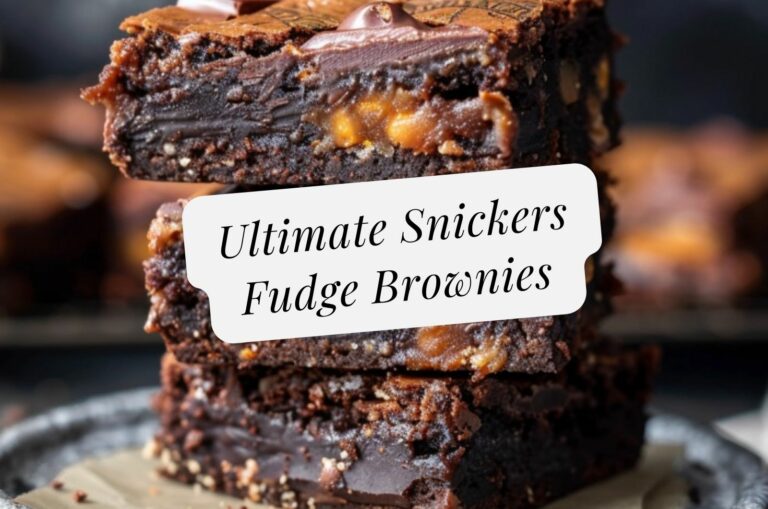 Snickers Fudge Brownies stacked on top of each other on a plate