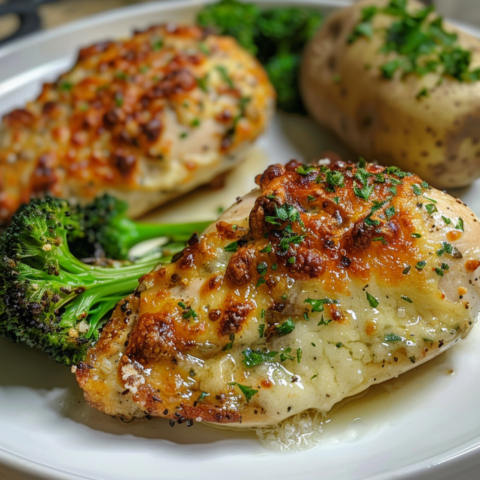 baked succulent chicken breast with broccoli and baked potato as a side dish