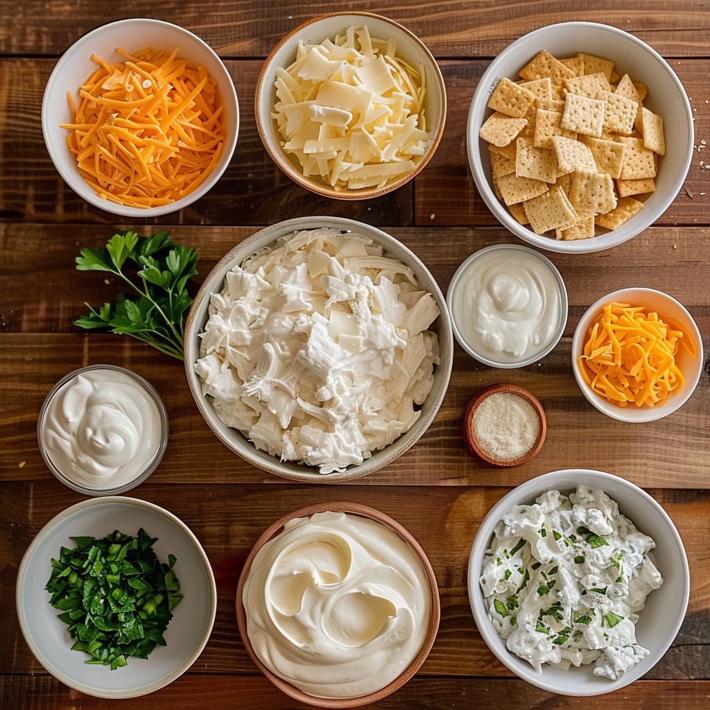 ingredients for million dollar chicken casserole in bowls