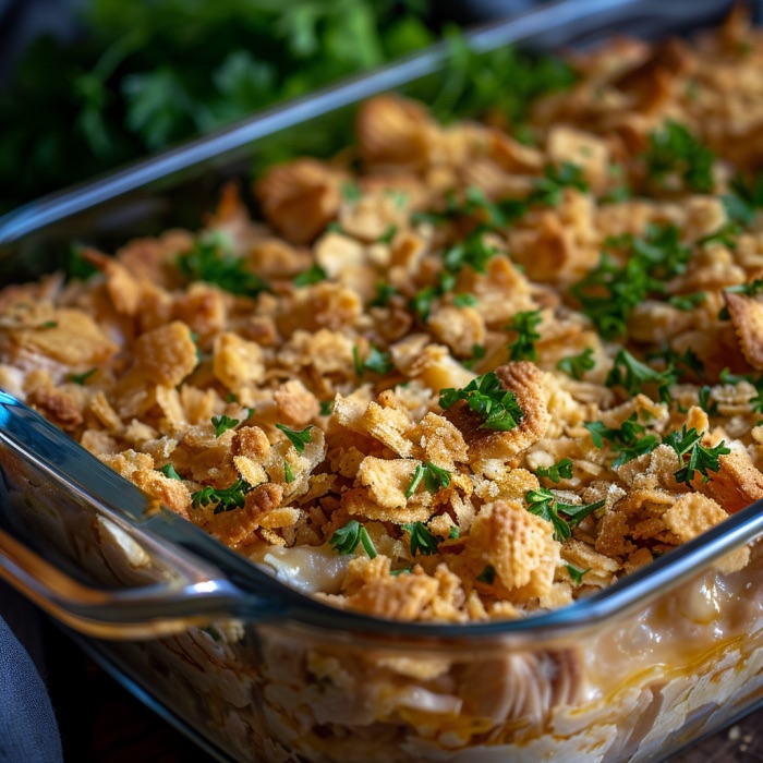 million dollar chicken casserole with parsley on the top of it, in transparent casserole