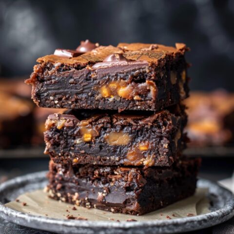 Snickers Fudge Brownies stacked on top of each other