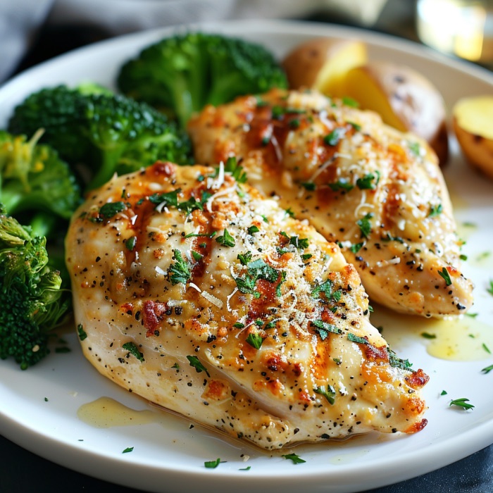 succulent baked chicken breast on a white plate