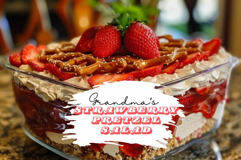 Grandma’s Strawberry Pretzel Salad in a transparent casserole on the counter top