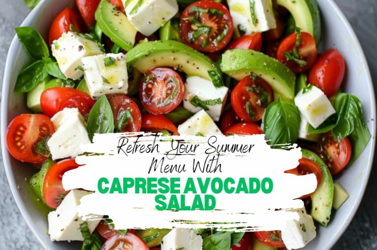 caprese avocado salad on the white plate on the marble background