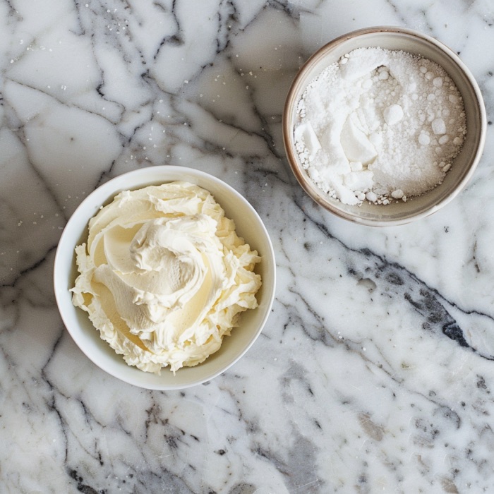cream cheese and sugar in bowls