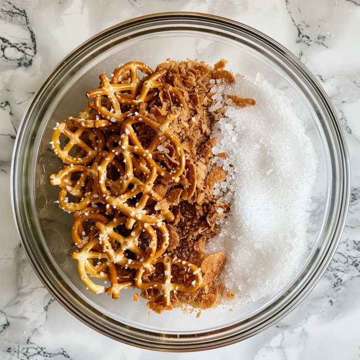 crushed pretzels and sugar in a bowl