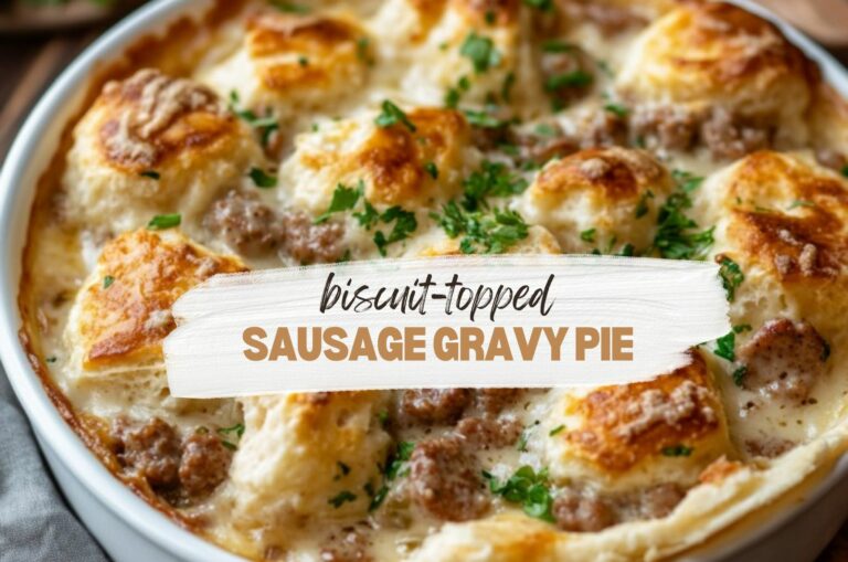Biscuit-Topped Sausage Gravy Pie with sprinkled parsley, in the pie plate