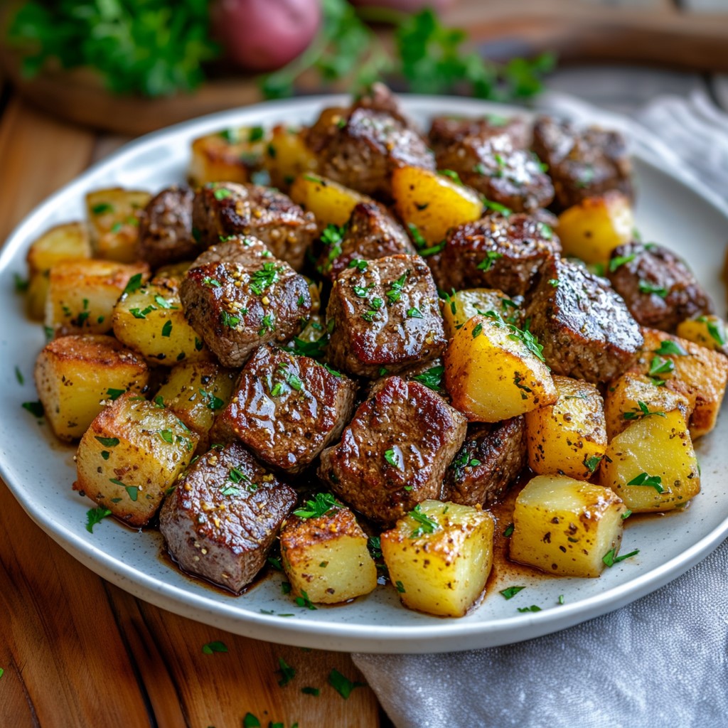 Steak bites and potatoe cubes just served on a plate