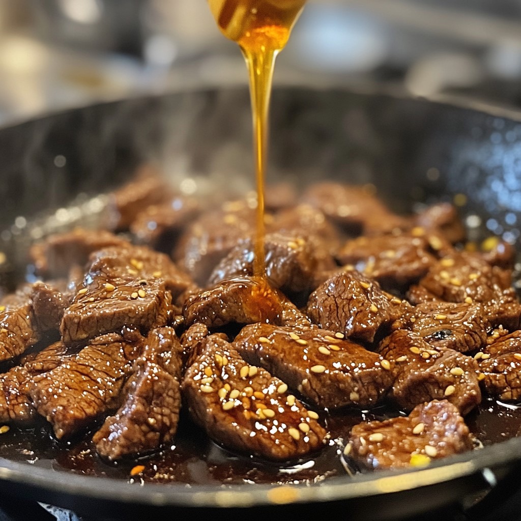 Bulgogi beef in a hot skillet pored by honey