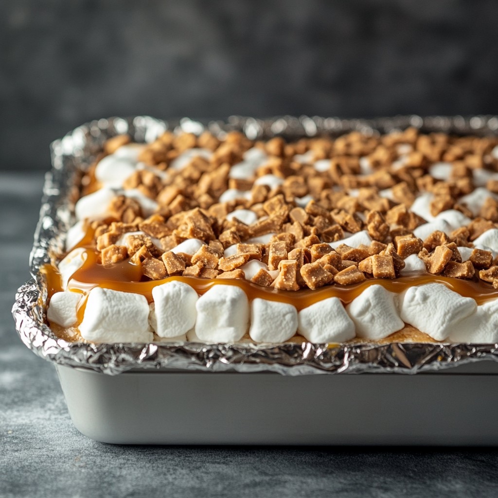 Butterfinger pieces on marshmallows and caramel