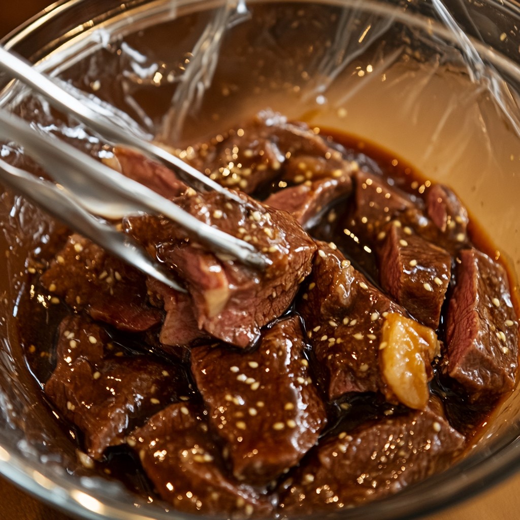 Pieces of beef marinated in bulgogi sauce, ready for refrigiration