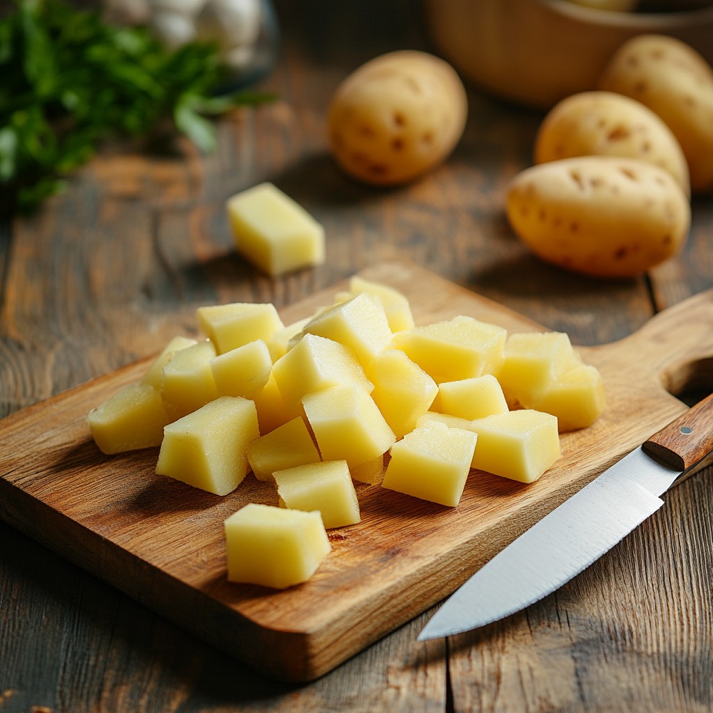 Potato cubes just cut on a cutting board