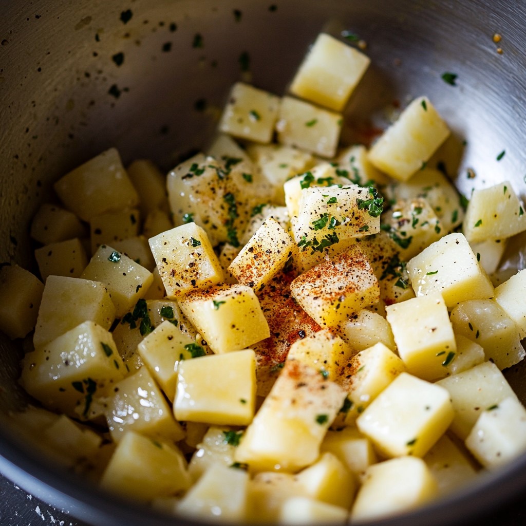Seasoned potato cubes in a bowl