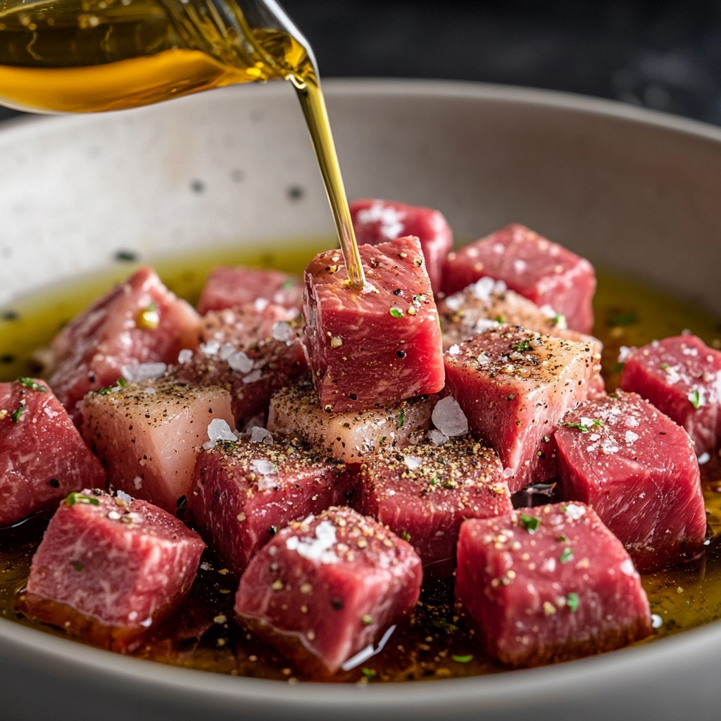 Steak cubes being seasones